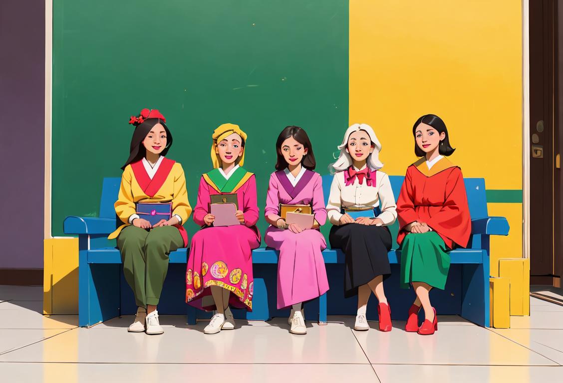 Group of diverse students sitting together, wearing colorful outfits, representing different decades and cultures..