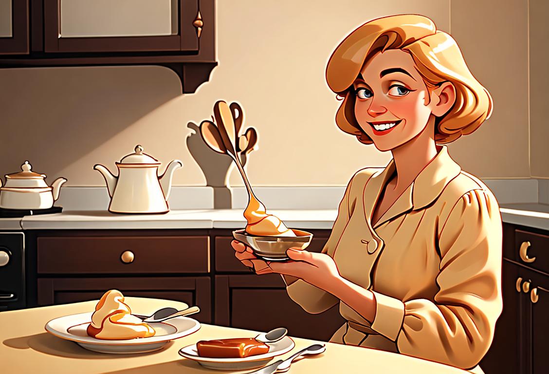 A joyful person savoring a spoonful of creamy caramel custard, dressed in a vintage-style outfit, with a cozy home kitchen as the backdrop..