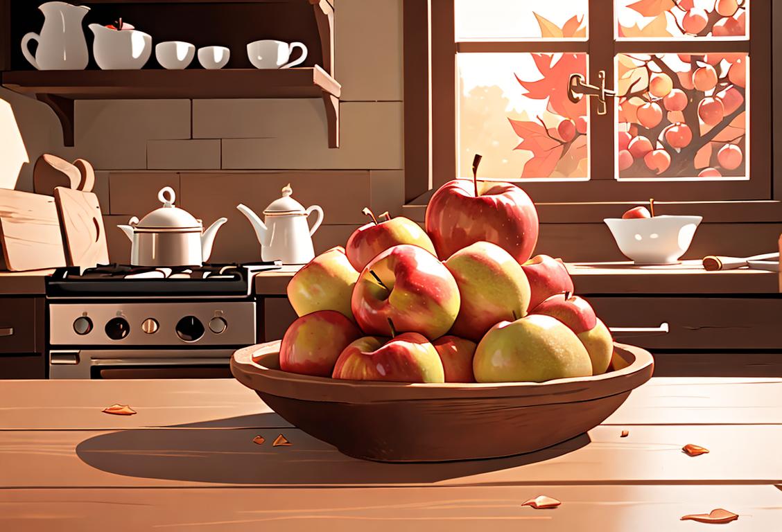 Warm baked apple betty with a crispy cinnamon topping, served on a rustic wooden table, autumnal decor and cozy kitchen scene..