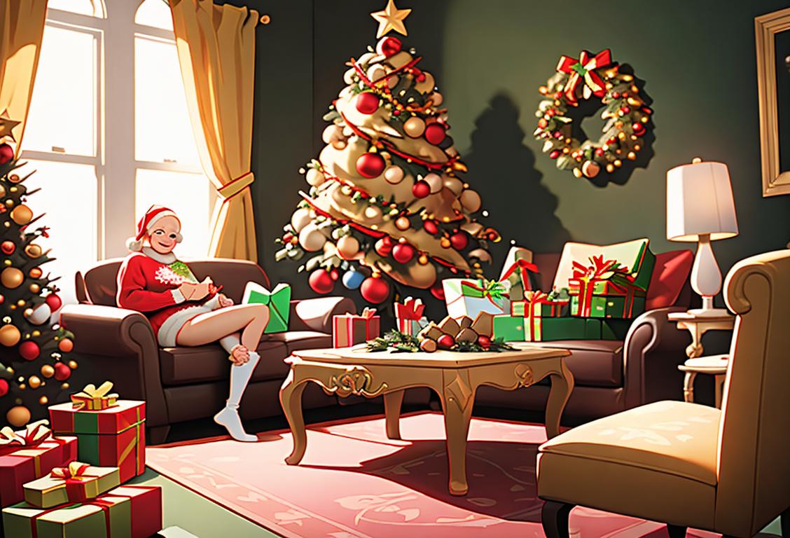 Cheerful group of people wearing Christmas jumpers, showcasing a range of festive patterns and styles, in a cozy living room full of holiday decorations..