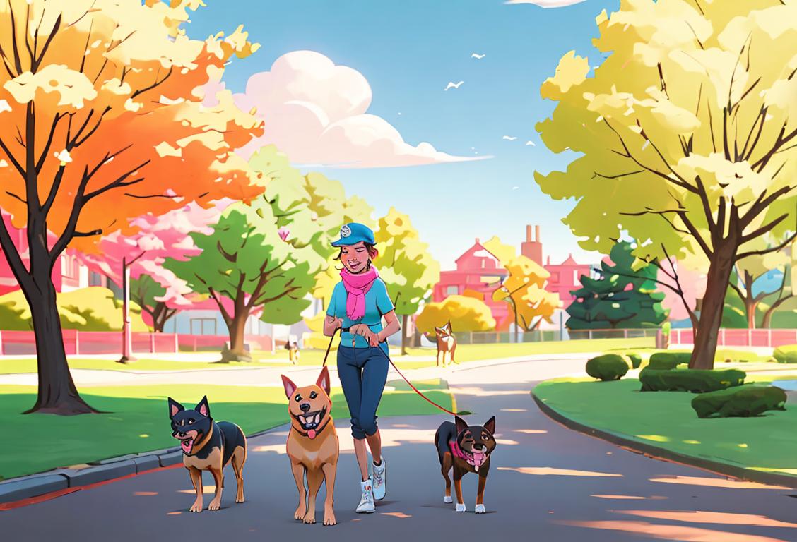 A cheerful dog walker wearing a cap and a vibrant scarf, surrounded by happy dogs in a scenic park..