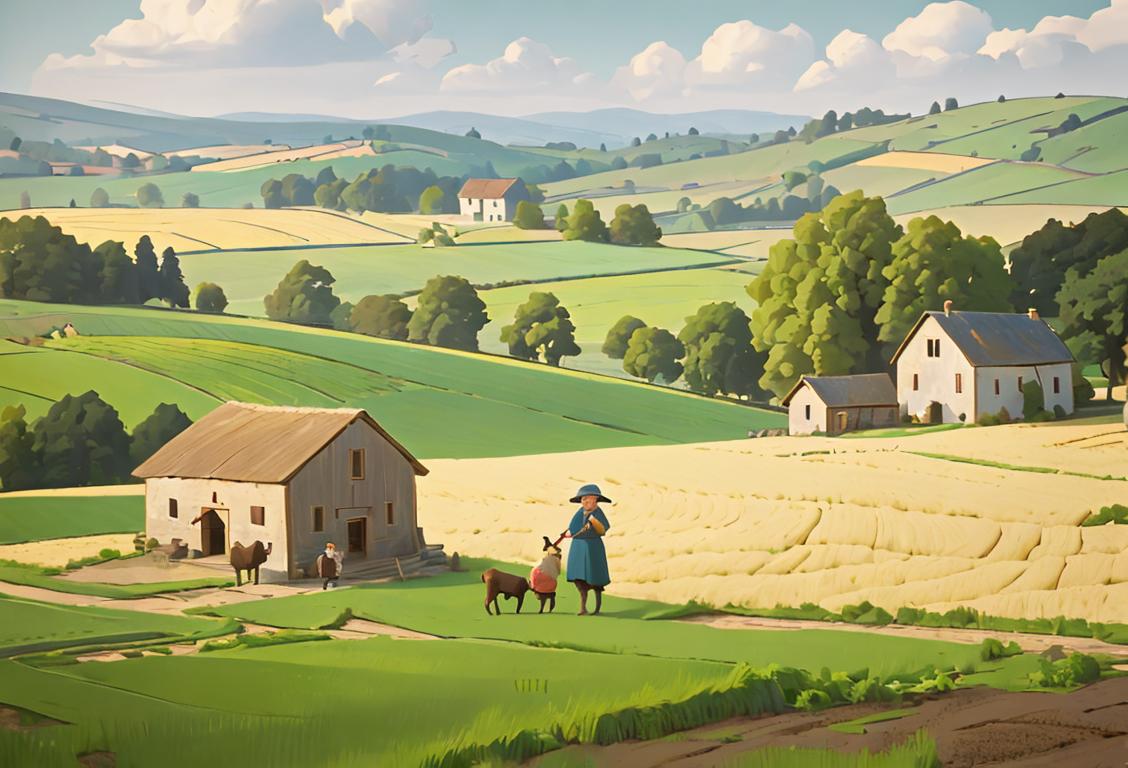Happy peasant family in a rustic countryside, dressed in traditional clothes, surrounded by farmland and haystacks.