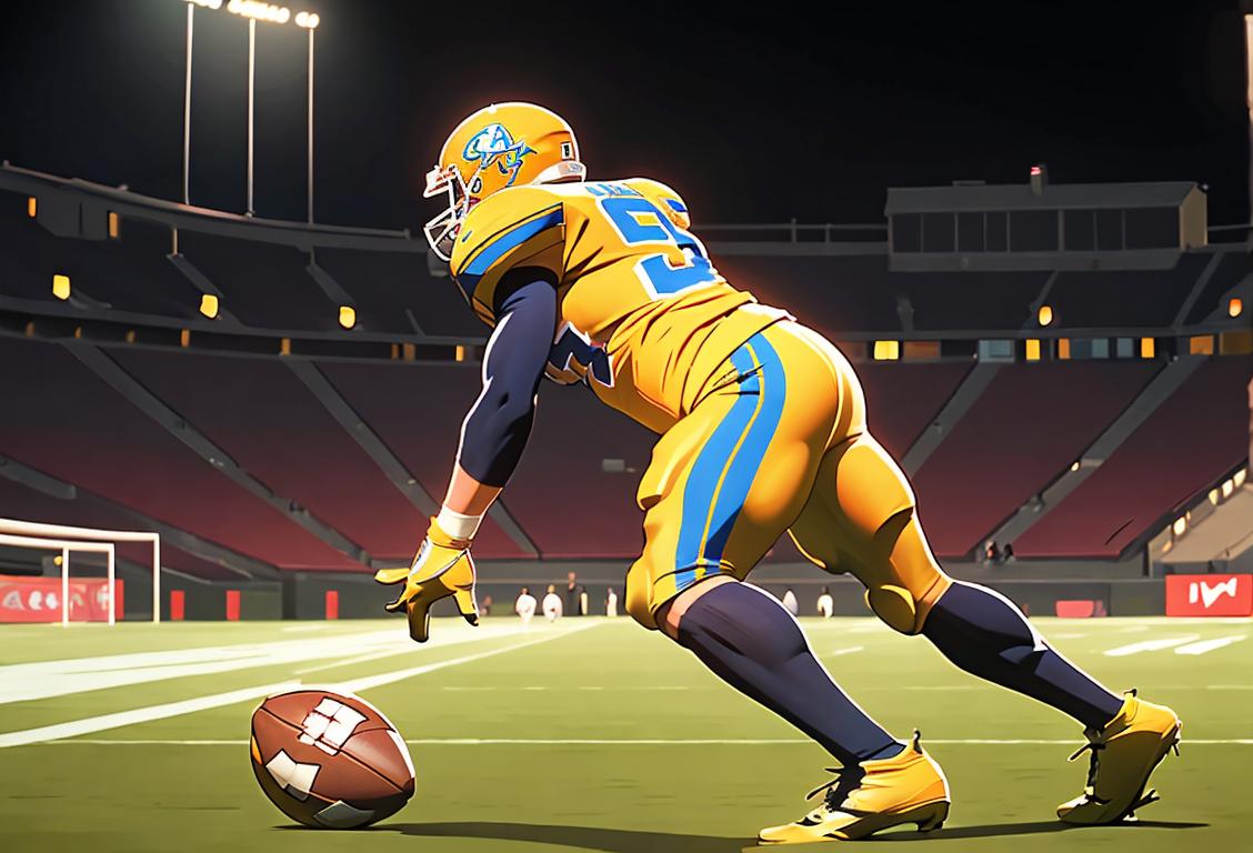 A focused longsnapper in football gear, showing precision and concentration, under the stadium floodlights..