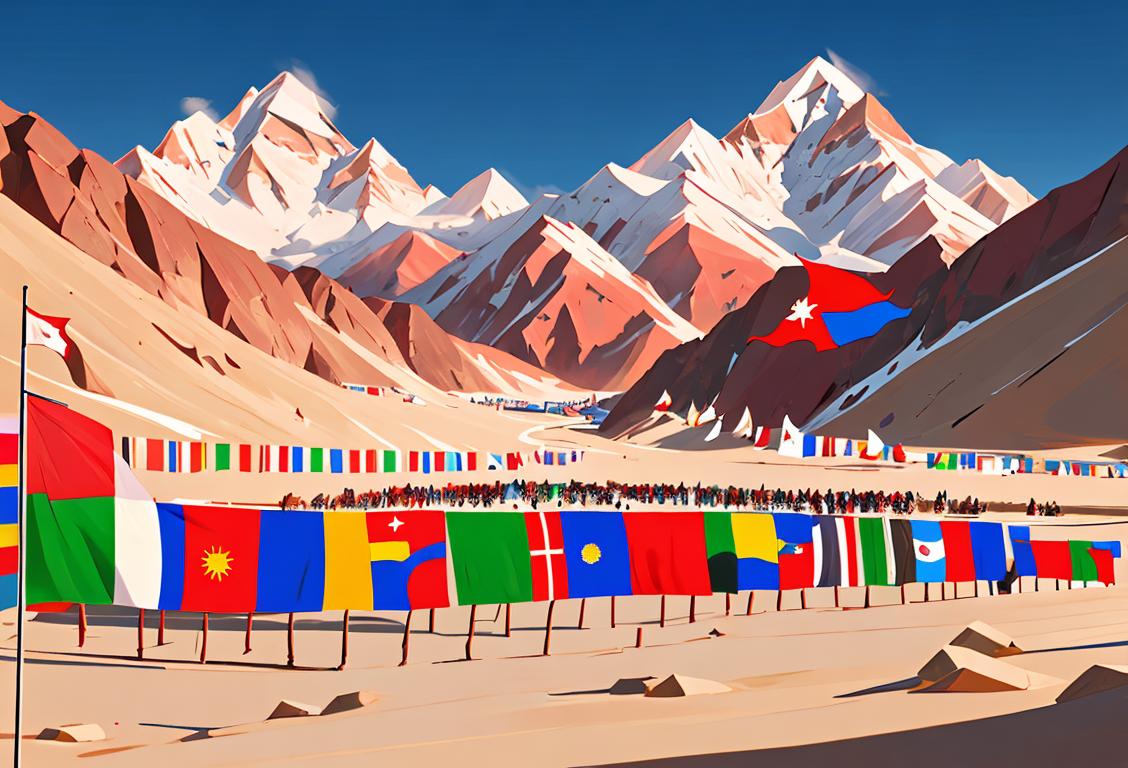 Group of people in traditional Leh attire holding Indian flags, against the backdrop of stunning Himalayan mountains..