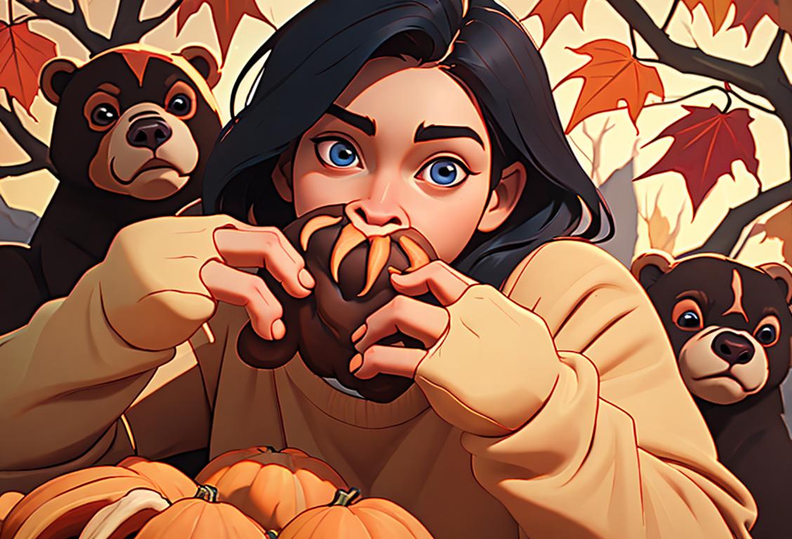 Happy person devouring a bear claw, wearing a cozy sweater, surrounded by fall foliage..