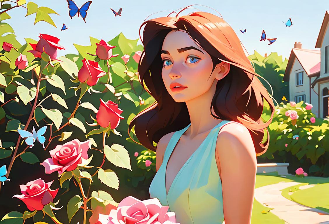 Young woman smelling a rose, wearing a flowy summer dress, surrounded by a sunny garden with butterflies and birds..