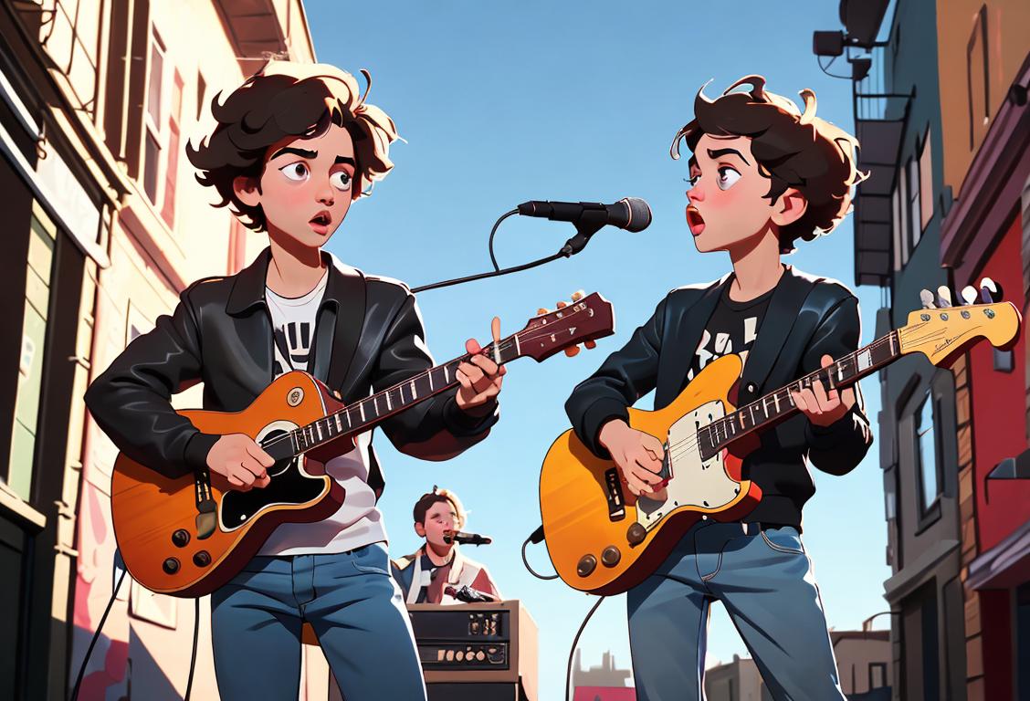 Two young musicians, one holding a guitar and the other a microphone, in trendy urban outfits, cool street art backdrop..