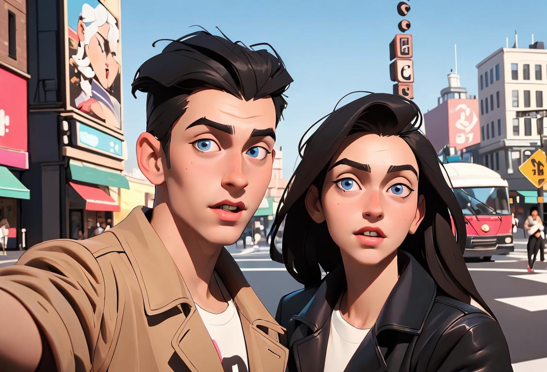 Young man and woman happily taking a selfie, wearing trendy clothes, urban city backdrop with single-themed props..