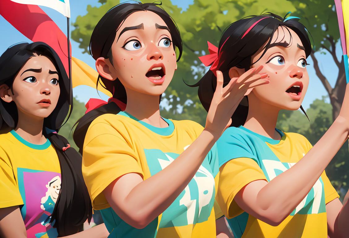 Group of diverse people wearing colorful t-shirts, holding banners, and cheering in a park for National Fundraising Day..