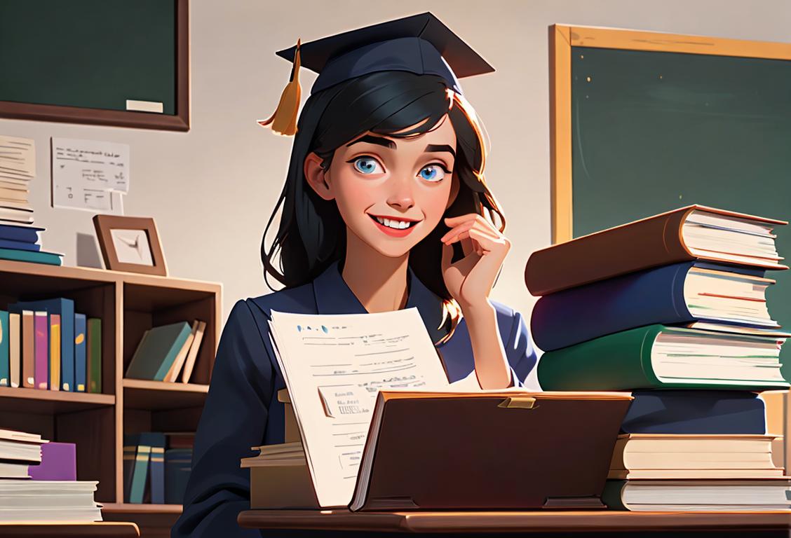 Young woman holding a stack of books, wearing a graduation cap, in a colorful classroom with students studying and smiling..