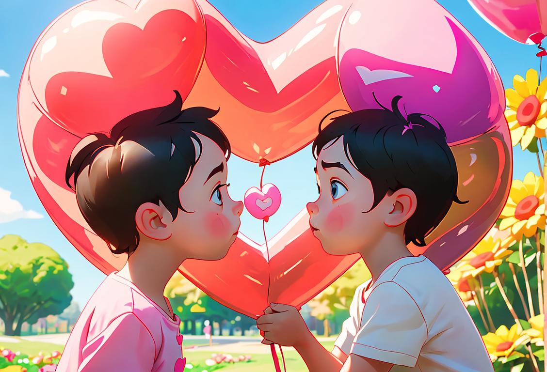 A wholesome image of a child with a big heart-shaped balloon, surrounded by colorful flowers and a sunny park scene..