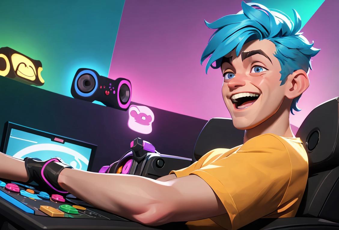 Young man laughing heartily, wearing a colorful t-shirt, surrounded by gaming consoles and virtual reality headsets..