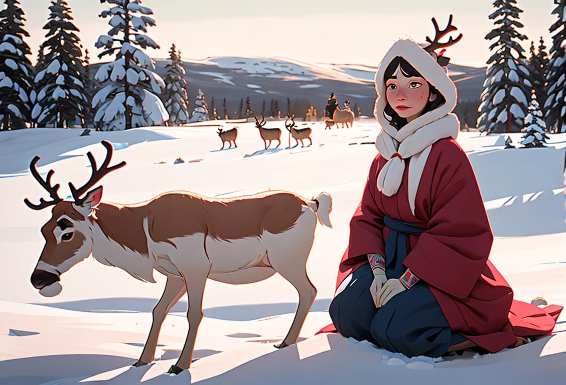 Samien woman in traditional dress, surrounded by reindeer in snowy Scandinavian landscape, wearing a traditional hat, Sami campsite..