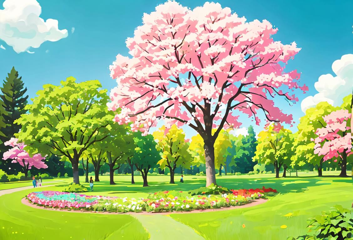Happy people in colorful clothing planting trees in a lush green park, surrounded by blooming flowers and blue skies..