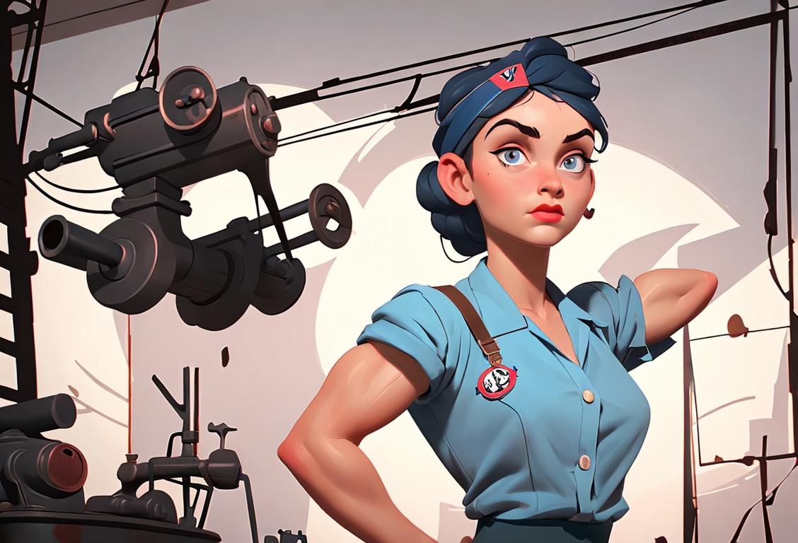 Young woman flexing muscle, wearing Rosie the Riveter headband, 1940s fashion, industrial factory setting..