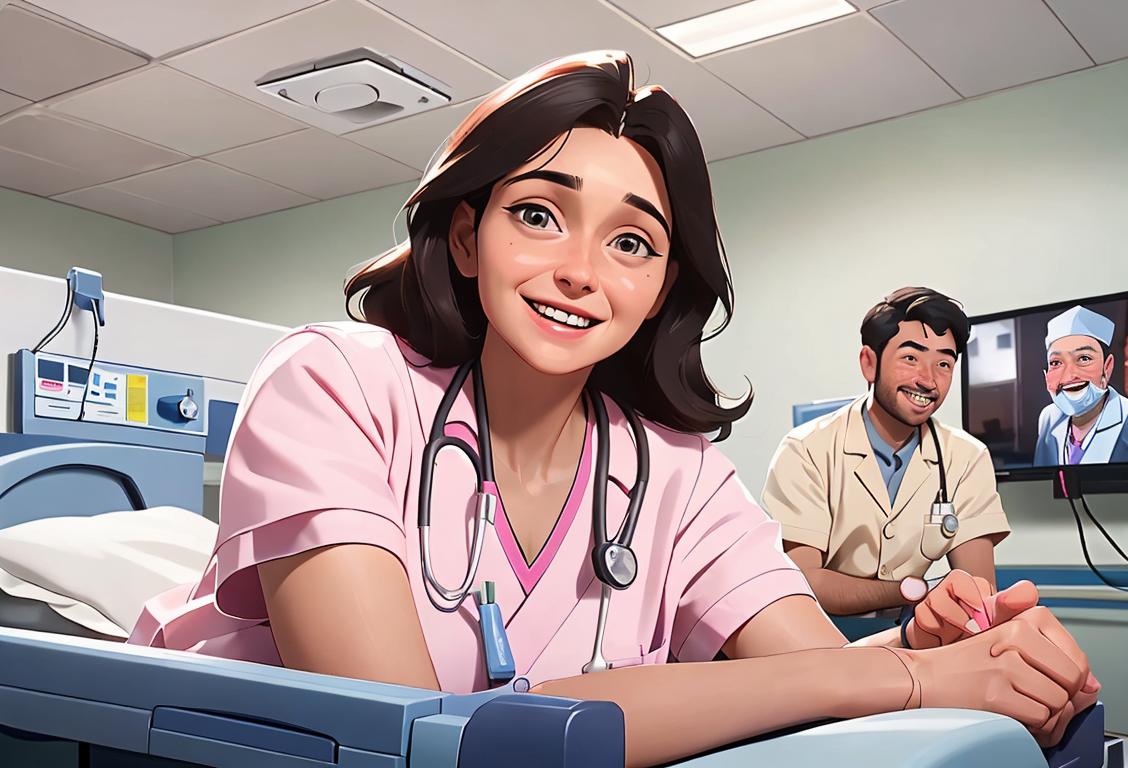 Kindhearted hospital worker in scrubs, surrounded by medical equipment, friendly smile, bright and cheerful hospital setting..