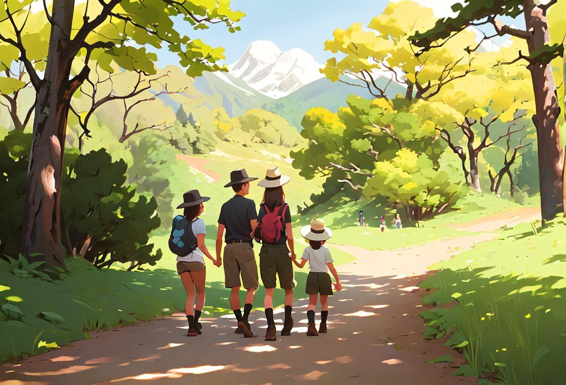 Young family exploring a lush national park trail, wearing hiking boots and hats, enjoying a scenic picnic with wildlife in the background..
