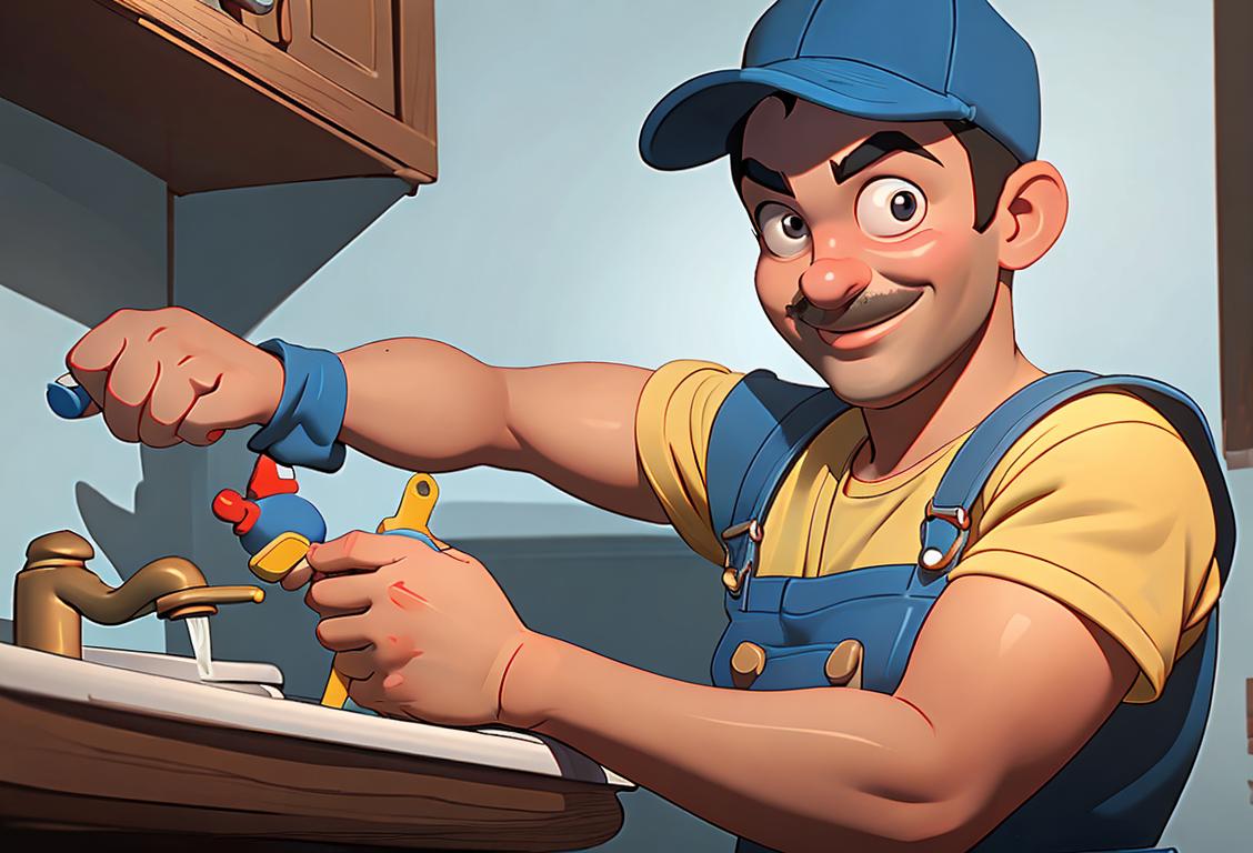 Happy plumber hero in overalls, holding a wrench, fixing a leaky faucet in a cozy home environment..