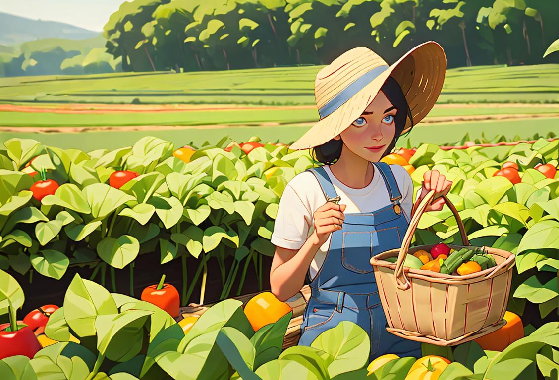 Farmer holding a basket of fresh vegetables, wearing denim overalls and a straw hat, surrounded by a picturesque countryside landscape..