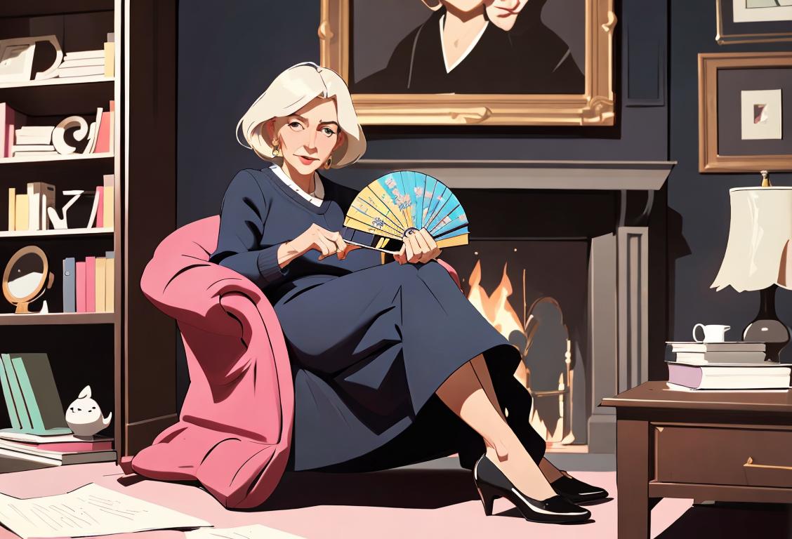 A middle-aged woman holding a fan, wearing a stylish outfit, sitting in a cozy living room surrounded by books..