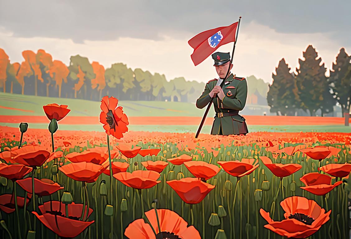 A solemn soldier holding a folded flag, surrounded by a field of poppies, paying tribute on National Supreme Sacrifice Day..