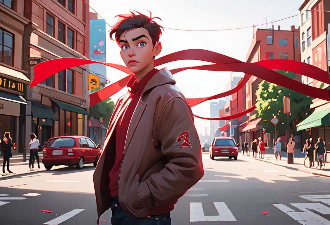 Young adult holding red ribbon, wearing casual clothes, urban city setting with diversity in background..