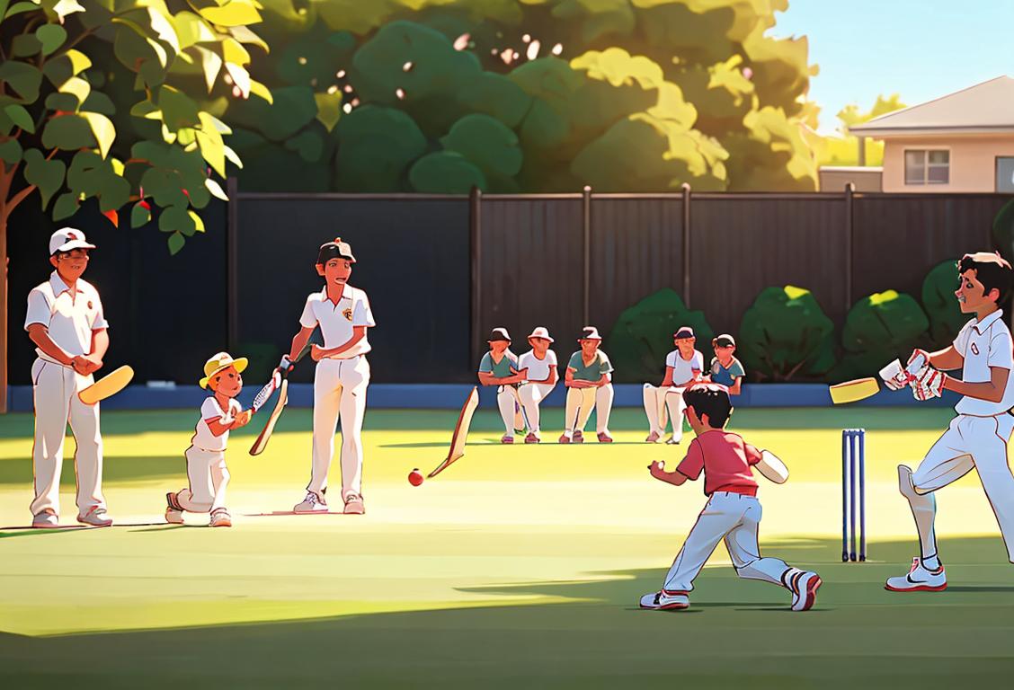 Young children playing backyard cricket, wearing cricket whites, surrounded by cheering family members and a beautiful sunny backyard setting..