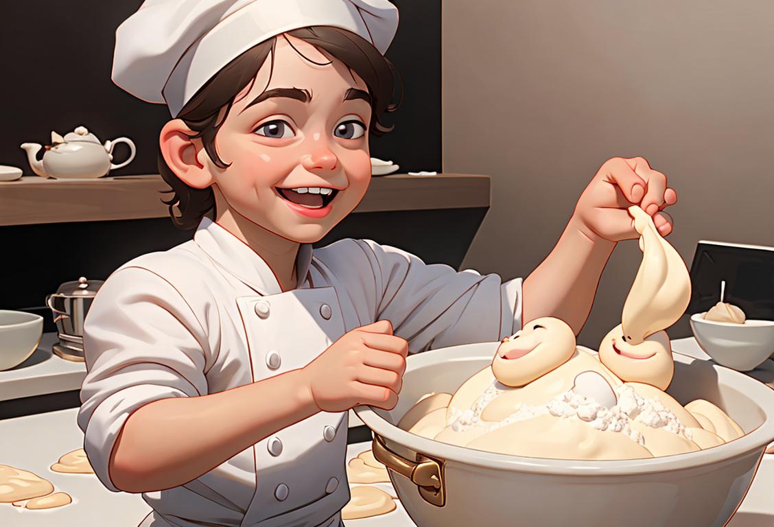 A joyful child covered in flour, big smile, wearing a chef hat and holding dough, kitchen setting.