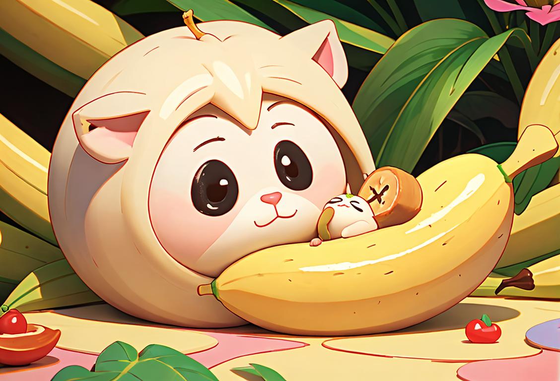 An adorable Bananya nestled in a cozy banana peel, surrounded by a whimsical, colorful garden..