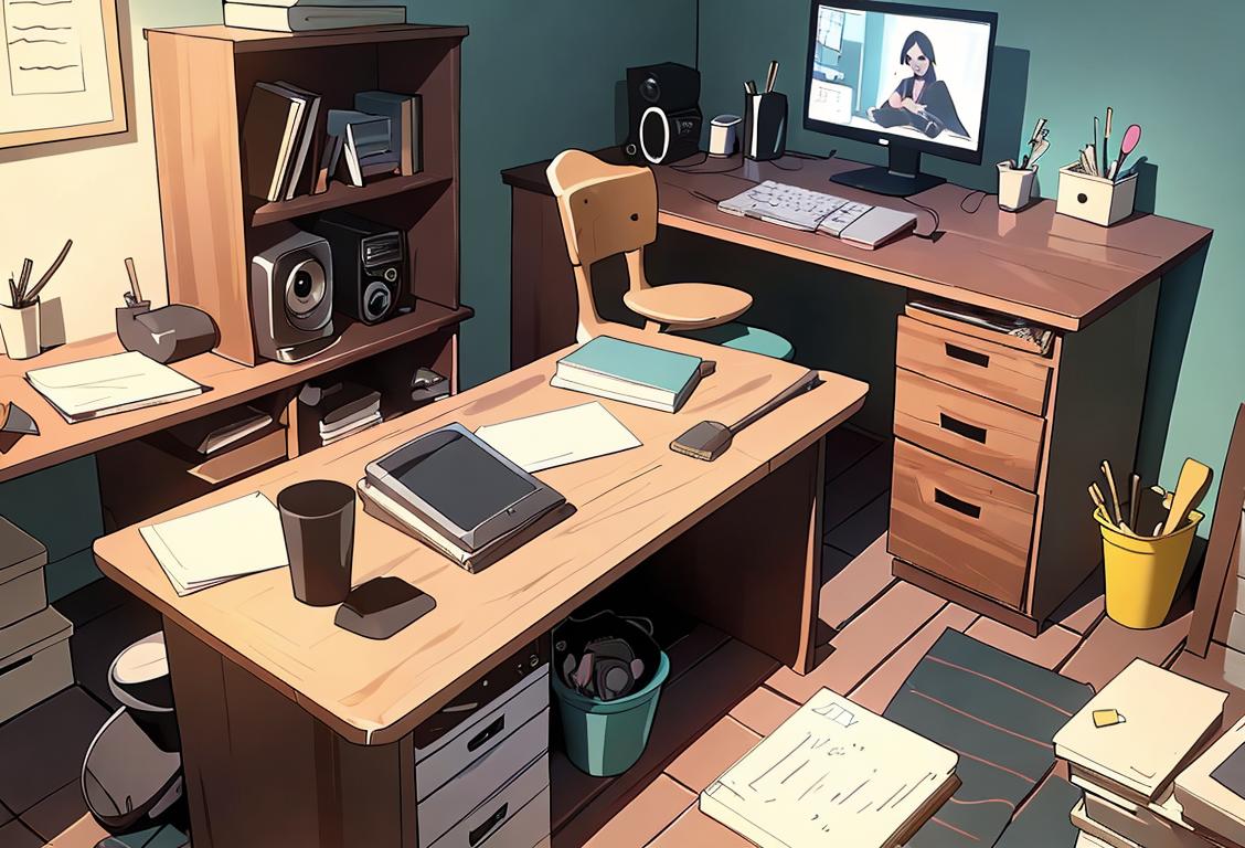 A person sitting at a desk, surrounded by clutter, with a digital broom and dustpan nearby, ready to clean out their computer on National Clean Out Your Computer Day..