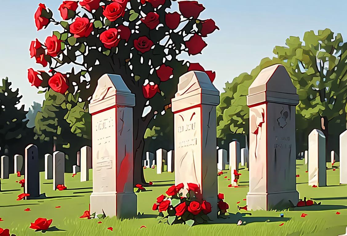 A solemn image of an American flag draped over a military tombstone, with a single red rose placed on top, a symbol of remembrance and gratitude..