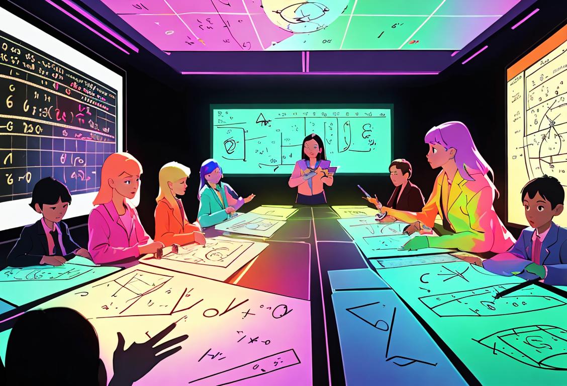 A diverse group of people solving math problems, wearing colorful clothing, in a futuristic classroom with holographic equations..