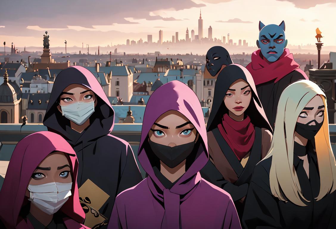 A diverse group of people wearing masks in various styles and colors, surrounded by a cityscape backdrop, celebrating National Mask Off Day..