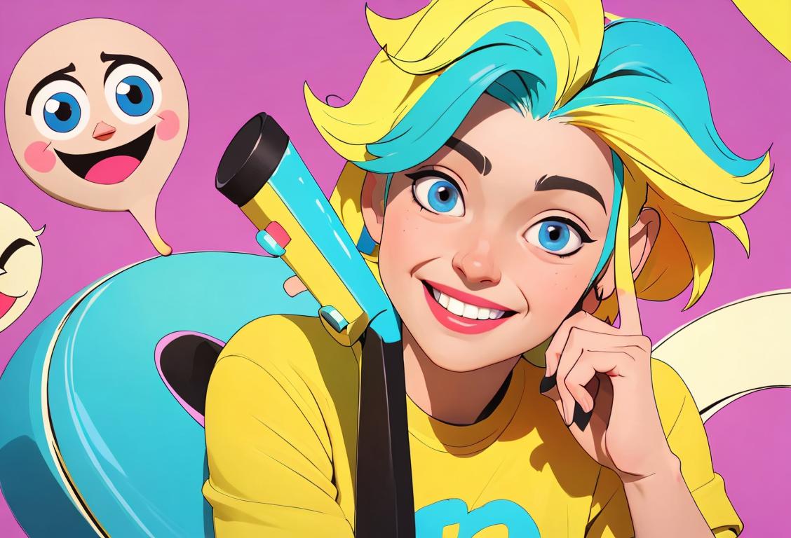 Young person tweeting on a phone with a kind smile, wearing colorful casual clothes, vibrant background with cheerful emojis..