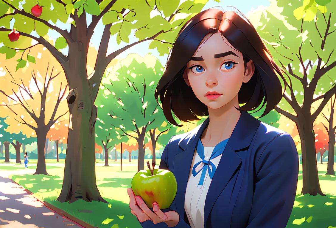 Young woman wearing blue diabetes awareness ribbon, holding an apple, in a park surrounded by trees and nature..