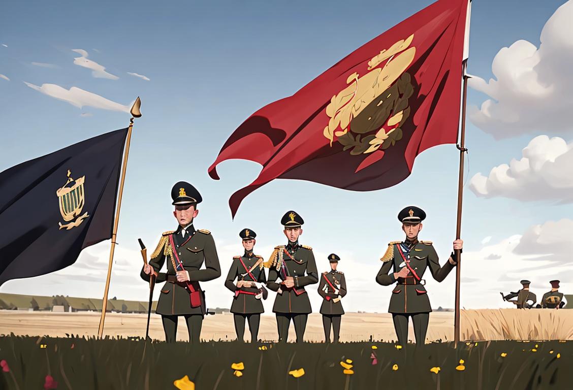 Group of people wearing military uniforms, holding flags, standing in a historic battlefield with a sense of determination in their eyes..