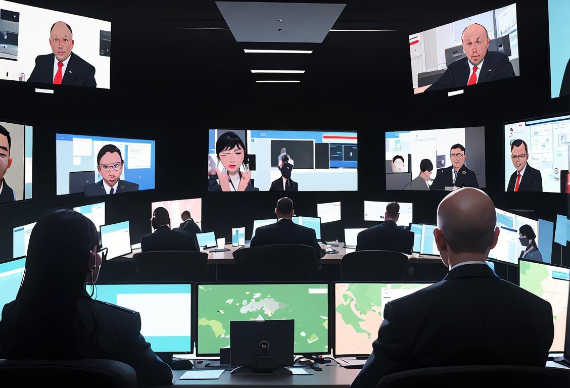 A group of diverse people working together in a high-tech surveillance control room, wearing professional attire, with monitors displaying real-time national security data..