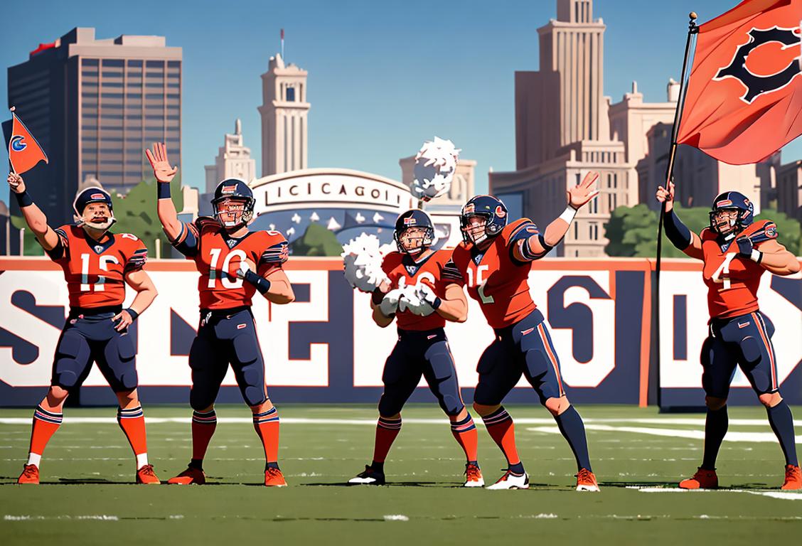 A group of excited football fans wearing Chicago Bears jerseys, cheering and waving their team flag outside of Soldier Field stadium..