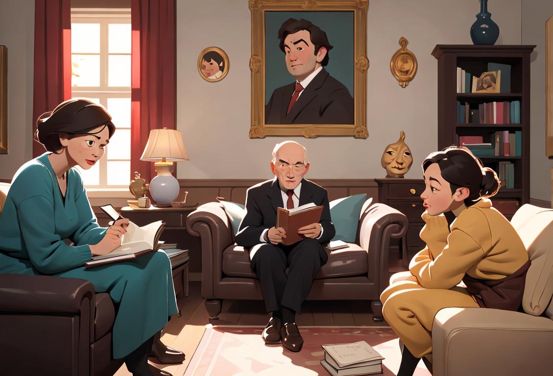 A group of diverse individuals sitting in a cozy living room, each holding a different book, with animated expressions on their faces..