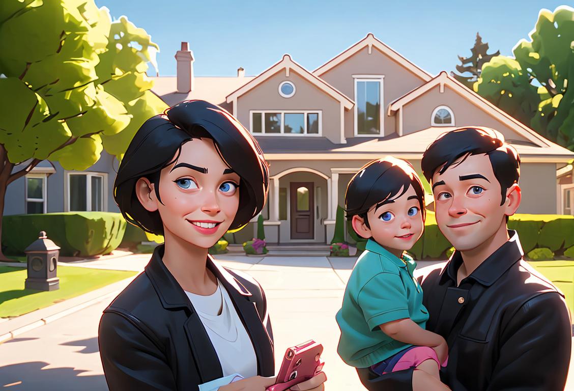A smiling family in front of their house, holding keys, with picturesque suburban scenery in the background..
