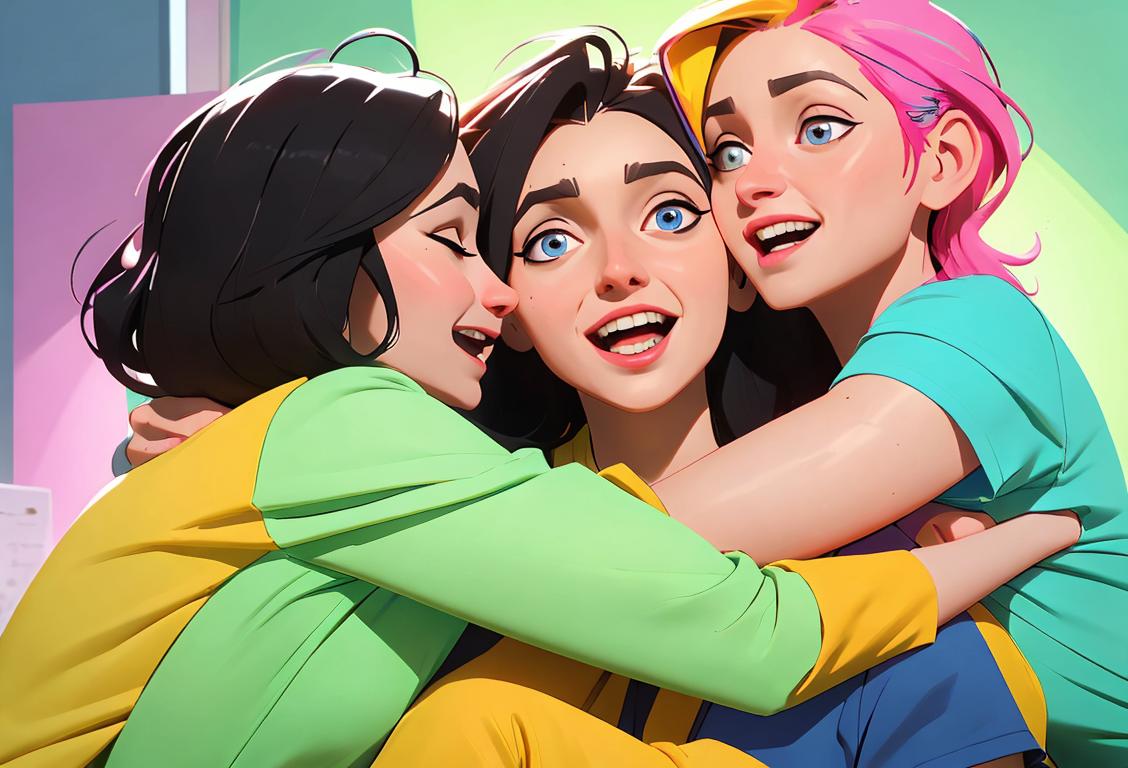 A joyful group of mental health professionals, wearing colorful scrubs, embracing and surrounded by a vibrant and welcoming clinic environment..