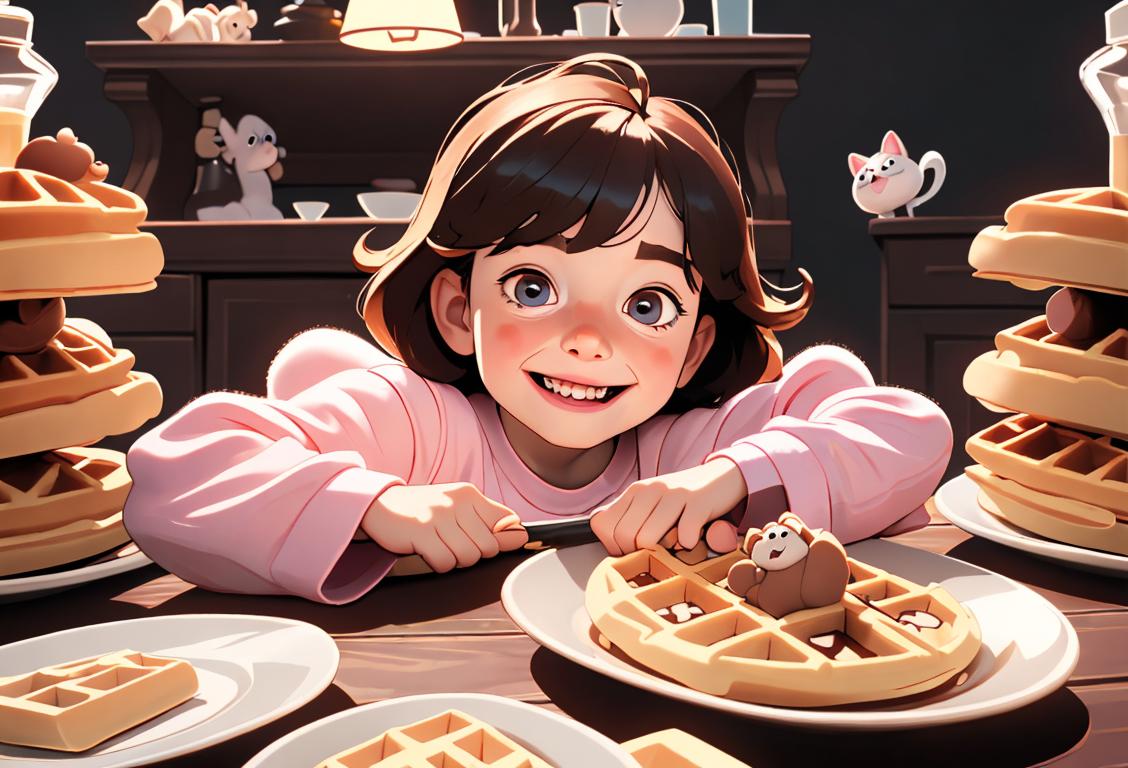 Young child with a big smile, wearing pajamas, fluffy slippers, surrounded by waffle stacks and syrup bottles..
