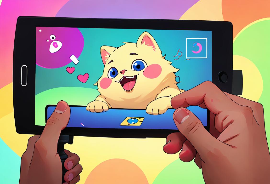 Happy person holding a streaming device, surrounded by colorful streaming app icons, with a cozy living room background and a friendly pet nearby..