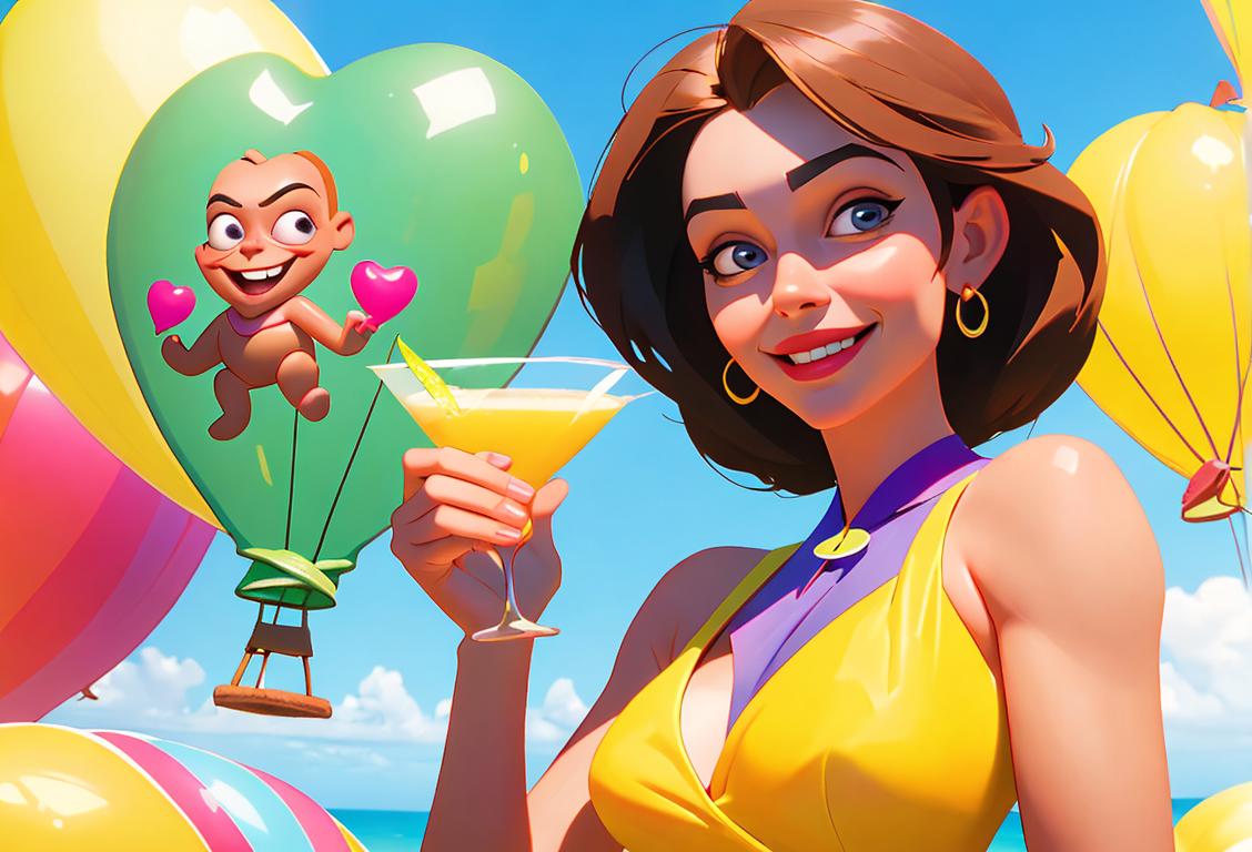 A smiling woman in a bright, tropical setting holding a glass of margarita and a liver-shaped balloon..