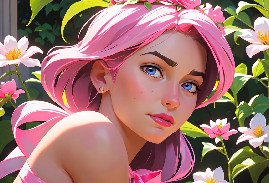 Young woman with pink ribbon pin, flower crown and a supportive group, cozy garden setting..