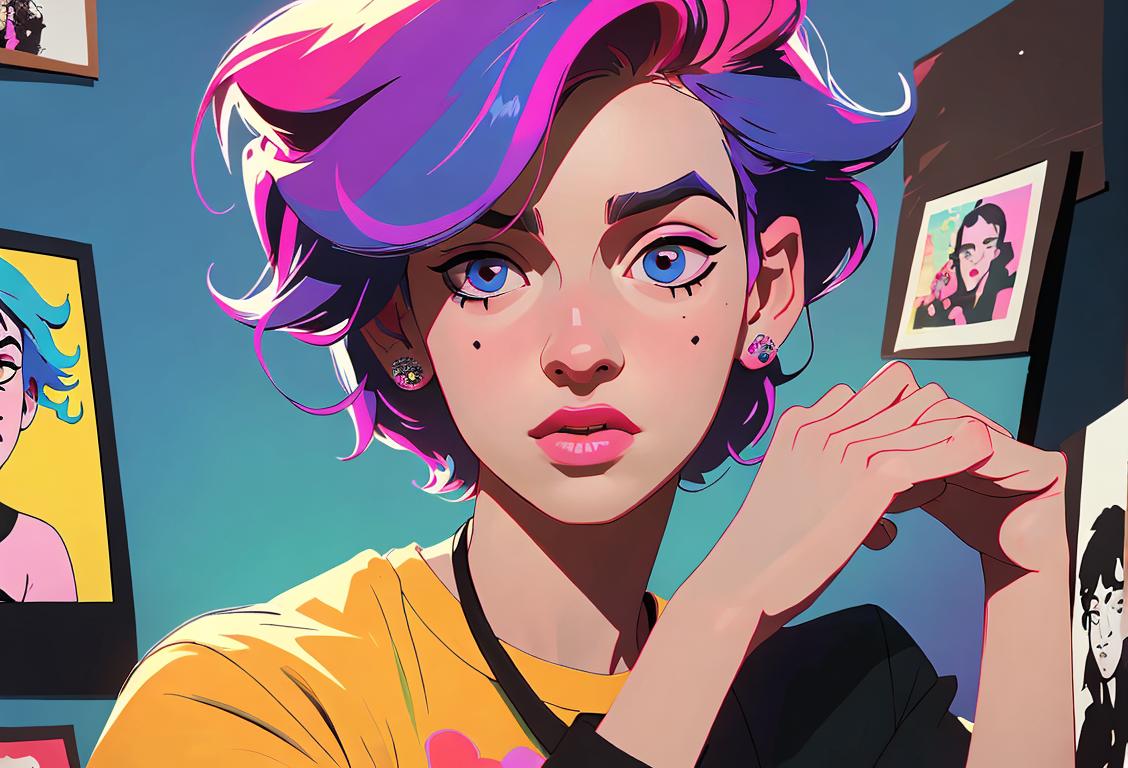 Young woman with colorful hair, wearing a band t-shirt, surrounded by concert posters, indie music scene vibes..