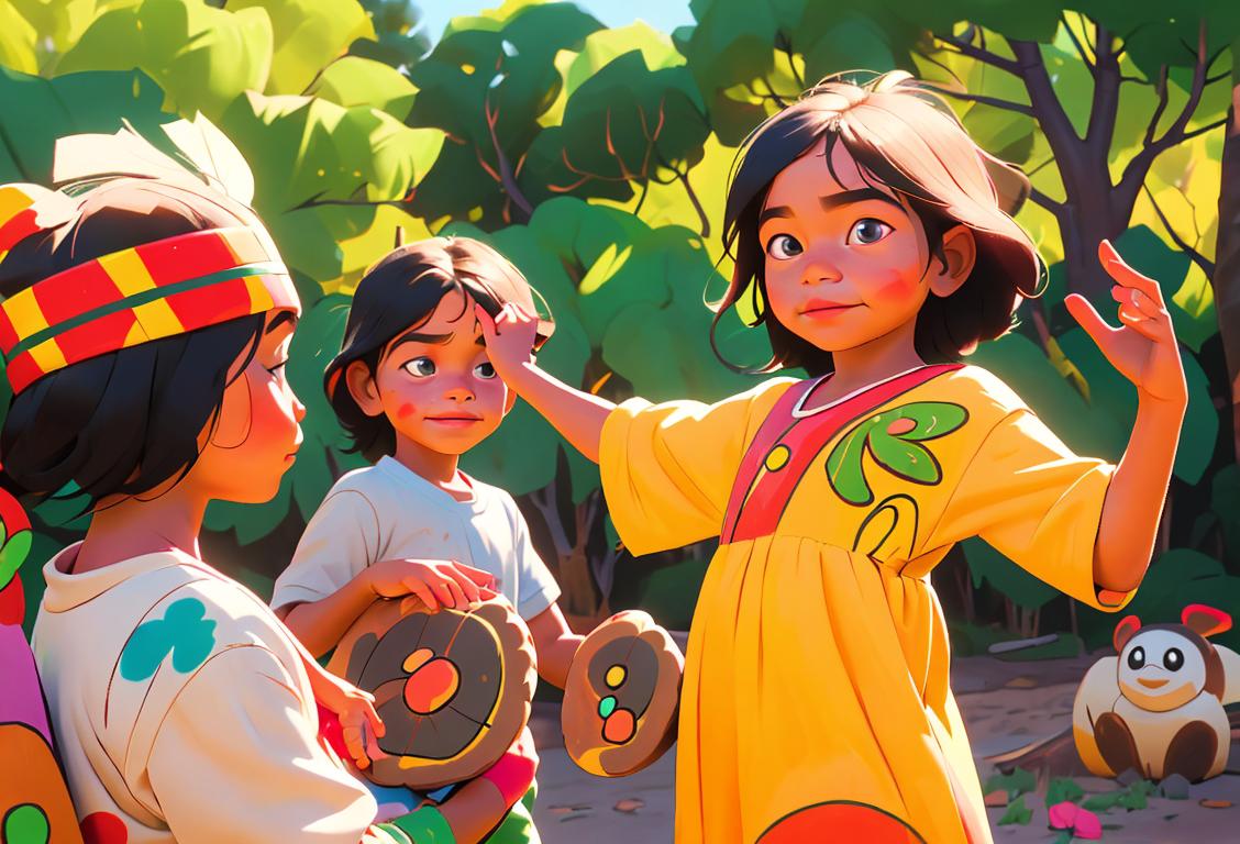 Happy indigenous children playing in a colorful outdoor setting, wearing traditional clothing, surrounded by nature and cultural symbols..