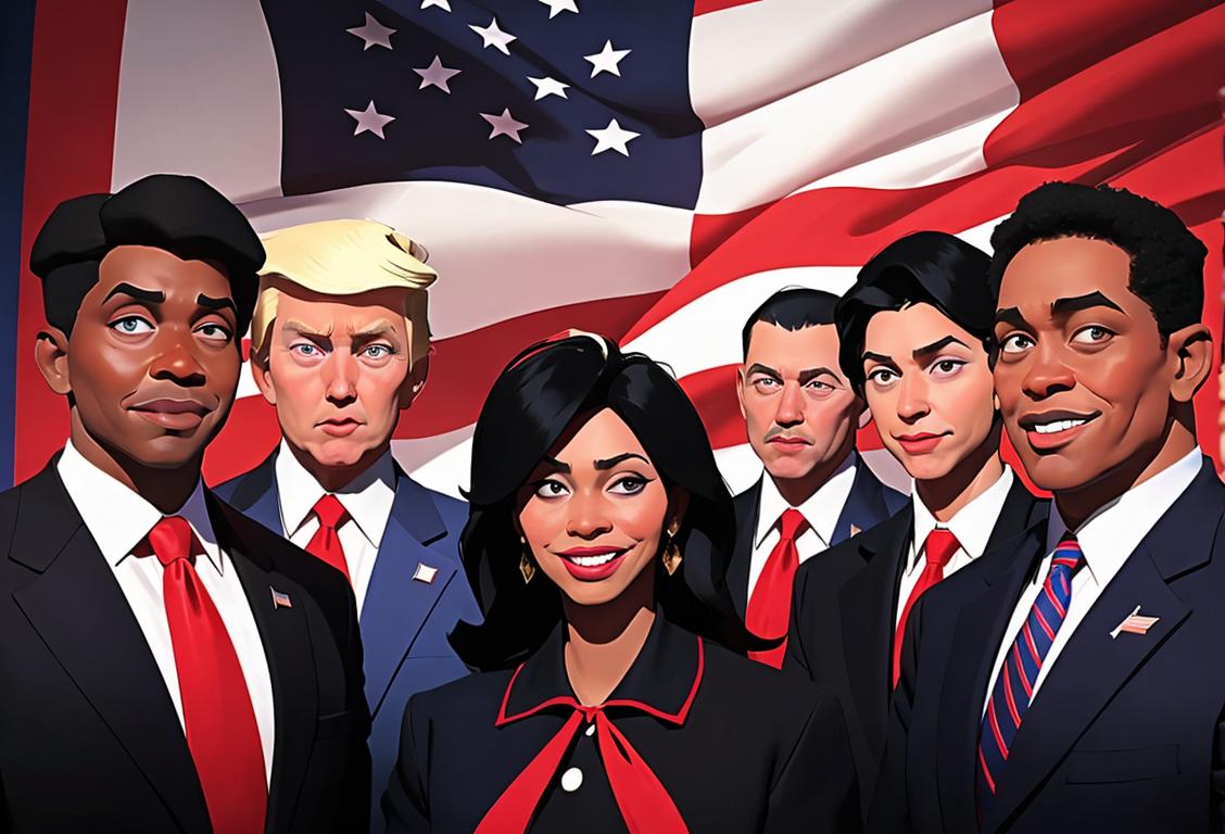 A group of diverse individuals, dressed in stylish black Republican attire, smiling and endorsing Trump, with an American flag backdrop..