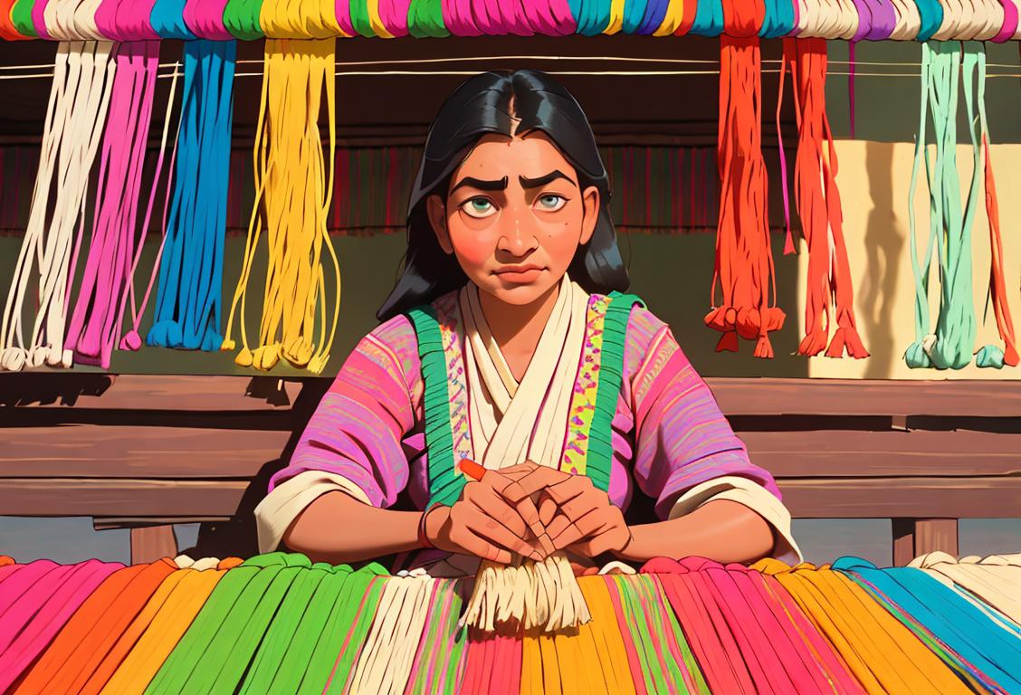 A person weaving a vibrant handloom textile, wearing traditional clothing, surrounded by colorful yarns and patterns..