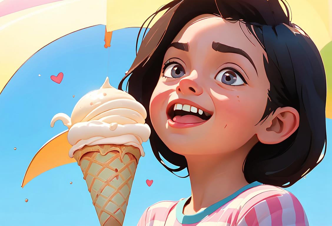 A joyful child enthusiastically enjoying a scoop of ice cream, wearing a striped shirt, bright sunny park setting..